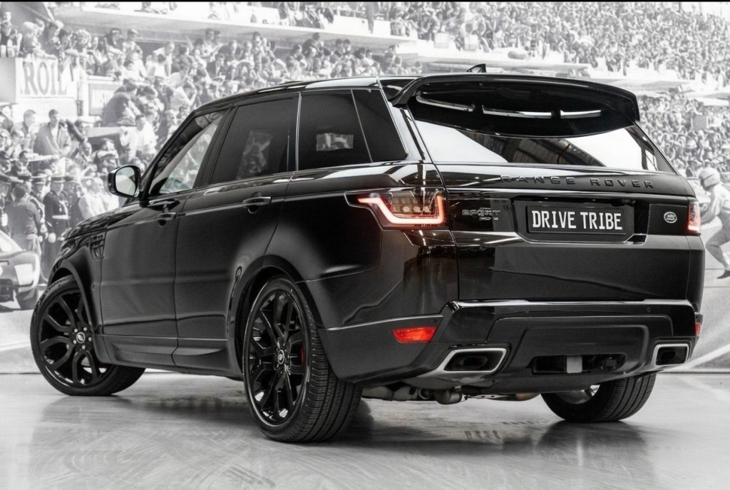 Black 2022 Land Rover Range Rover Sport, rear three-quarter view, available for hire in Sydney