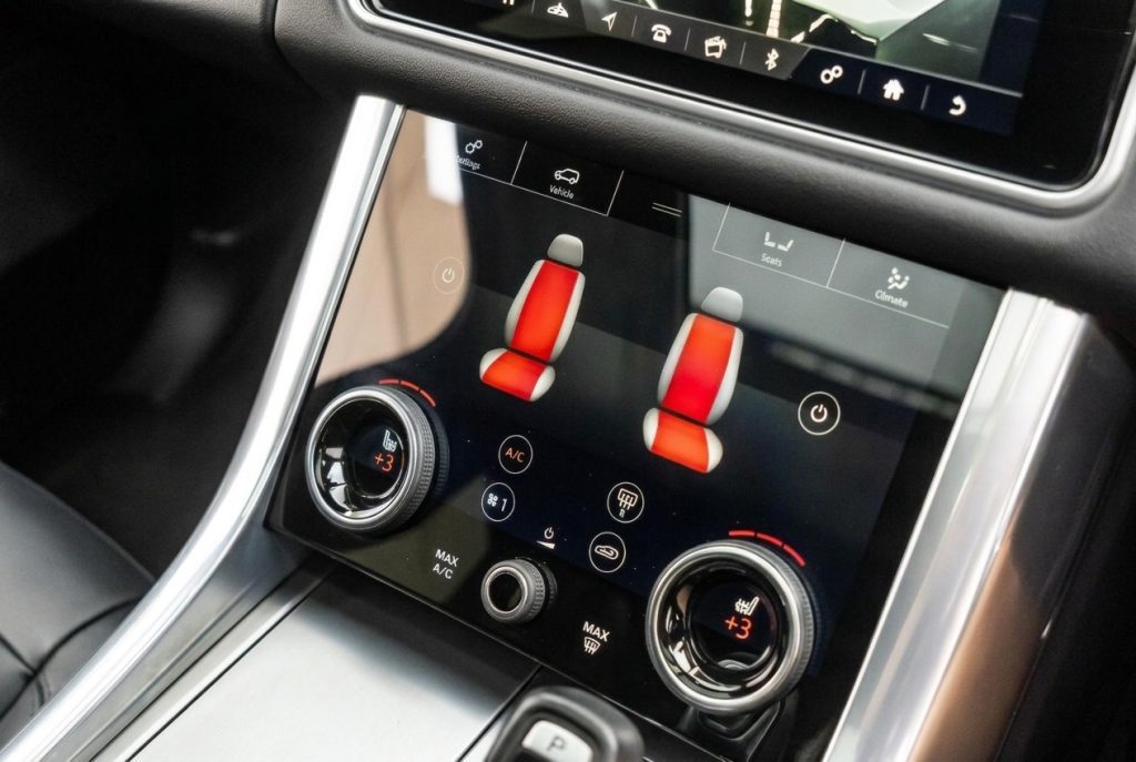 Climate controls of the black 2022 Land Rover Range Rover Sport, available for hire in Sydney