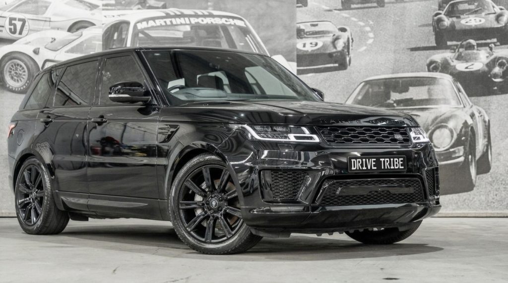 Black 2020 Land Rover Range Rover Sport 7-Seat, front three-quarter view, available for hire in Sydney