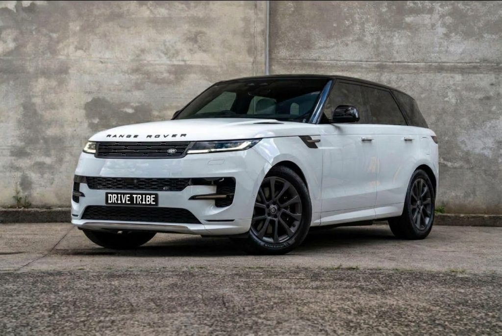 White 2023 Land Rover Range Rover Sport, front three-quarter view, available for hire in Sydney