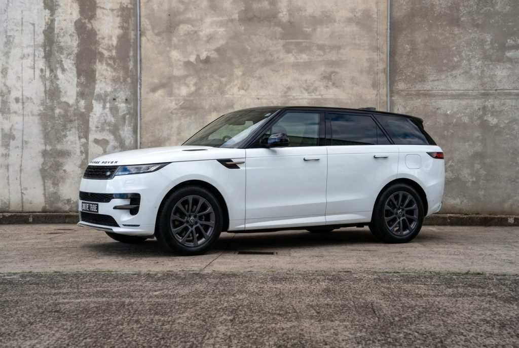 White 2023 Land Rover Range Rover Sport, side profile, available for hire in Sydney