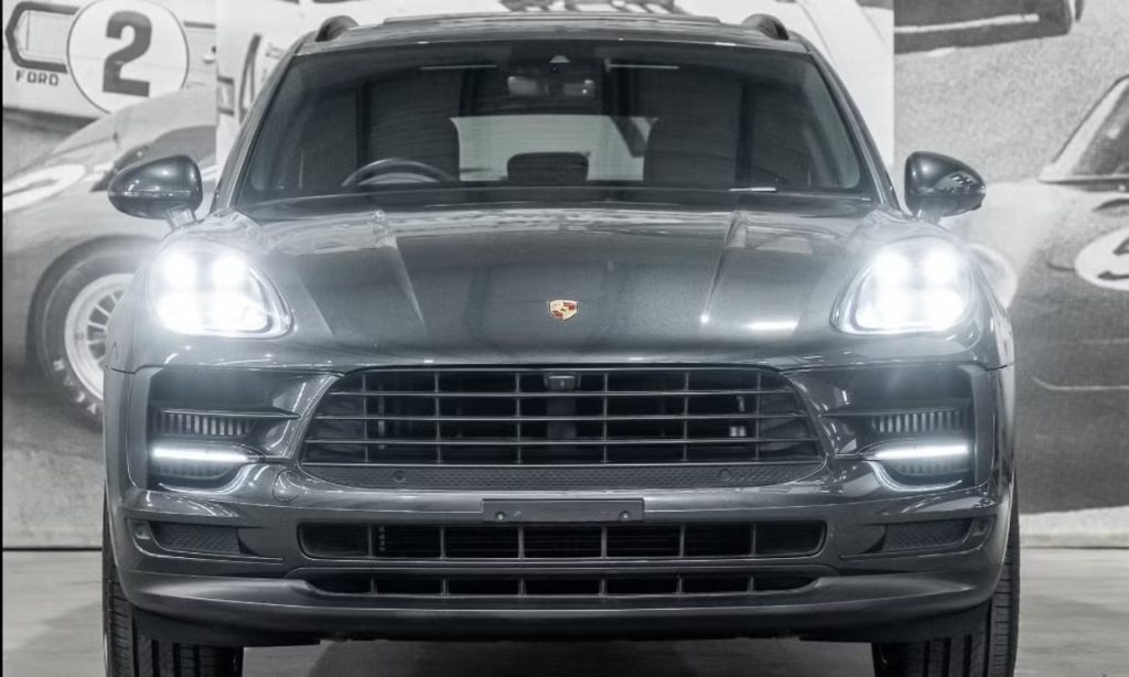Grey 2019 Porsche Macan, front view, available for hire in Sydney