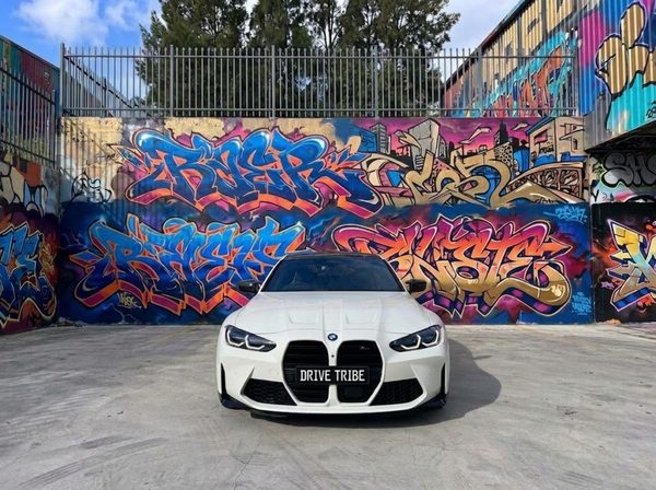 White 2021 BMW M3 Competition G80, front view, available for hire in Sydney