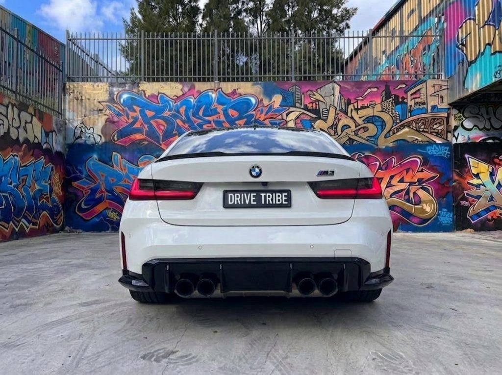 White 2021 BMW M3 Competition G80, rear view, available for hire in Sydney