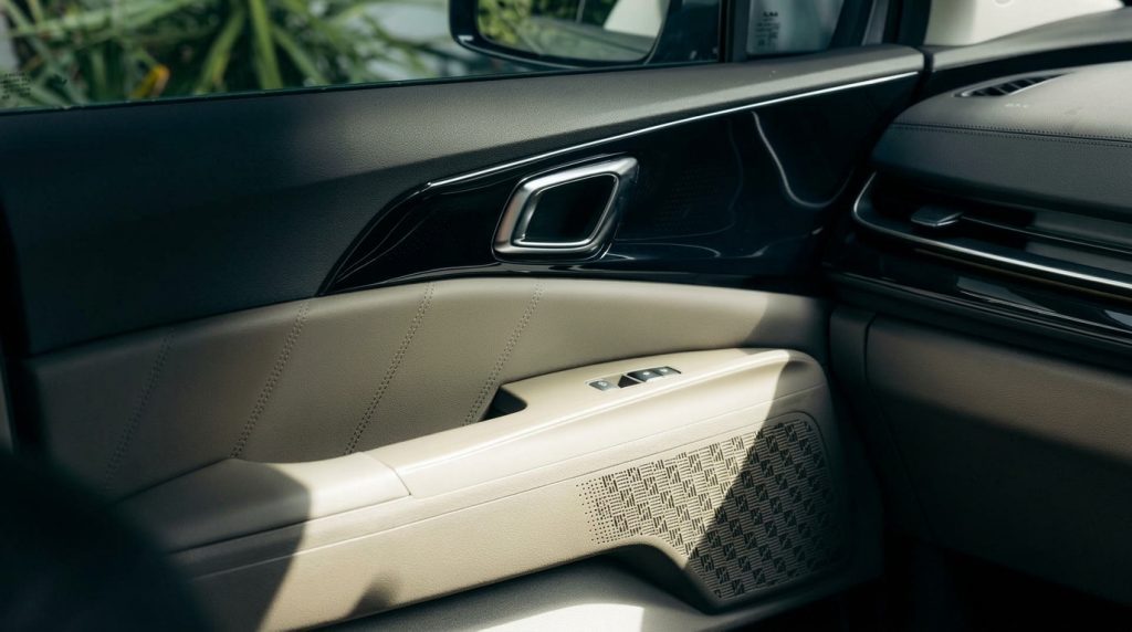 Door detail of the black 2025 Kia Carnival GT-Line Hybrid, available for hire in Sydney