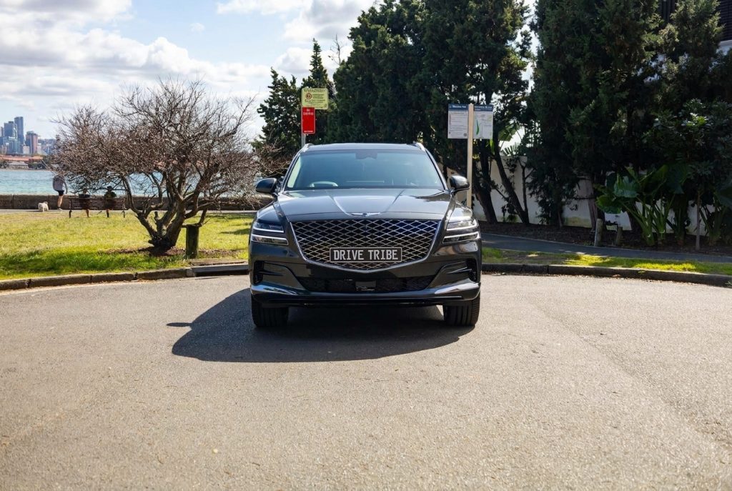 Grey 2023 Genesis GV80 3.0D Lux 7-Seat, front view, available for hire in Sydney