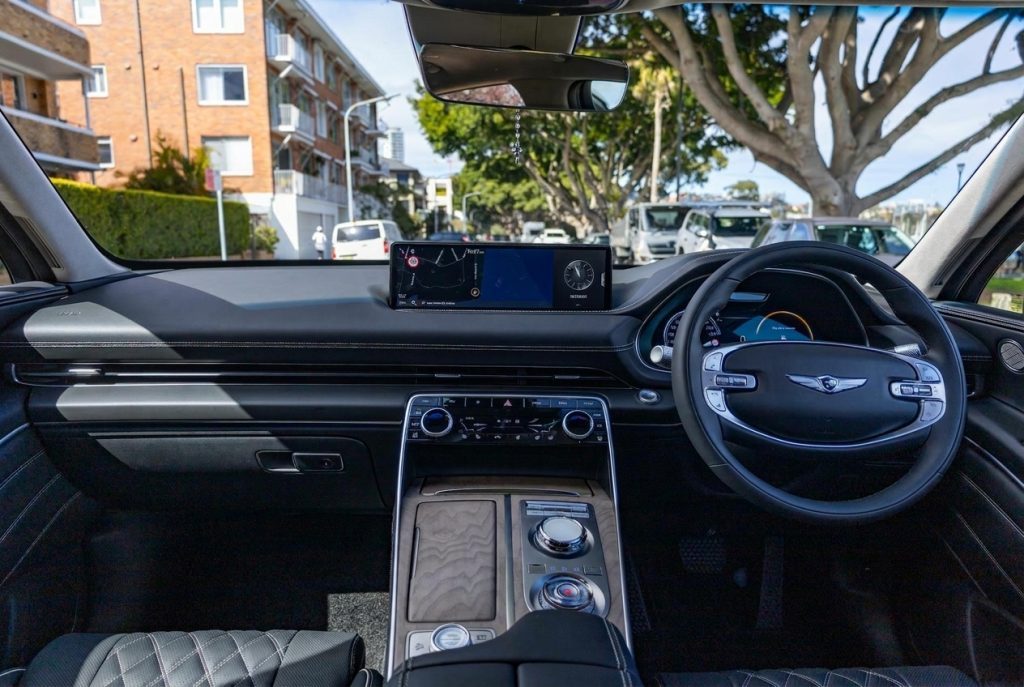 Dashboard of the grey 2023 Genesis GV80 3.0D Lux 7-Seat, available for hire in Sydney