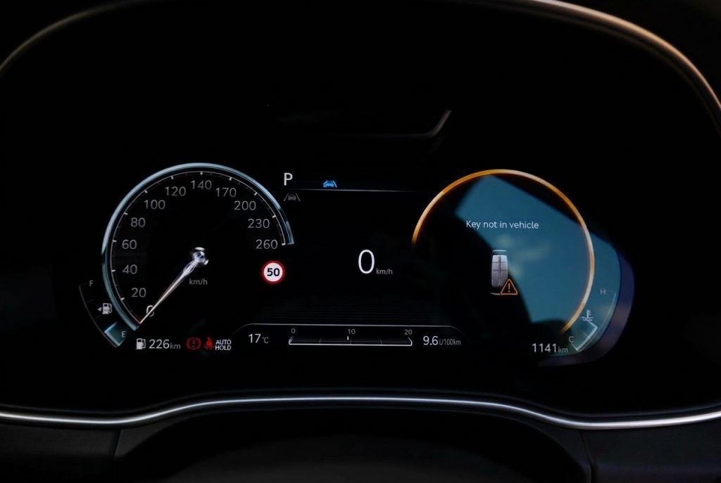 Instrument cluster of the grey 2023 Genesis GV80 3.0D Lux 7-Seat, available for hire in Sydney