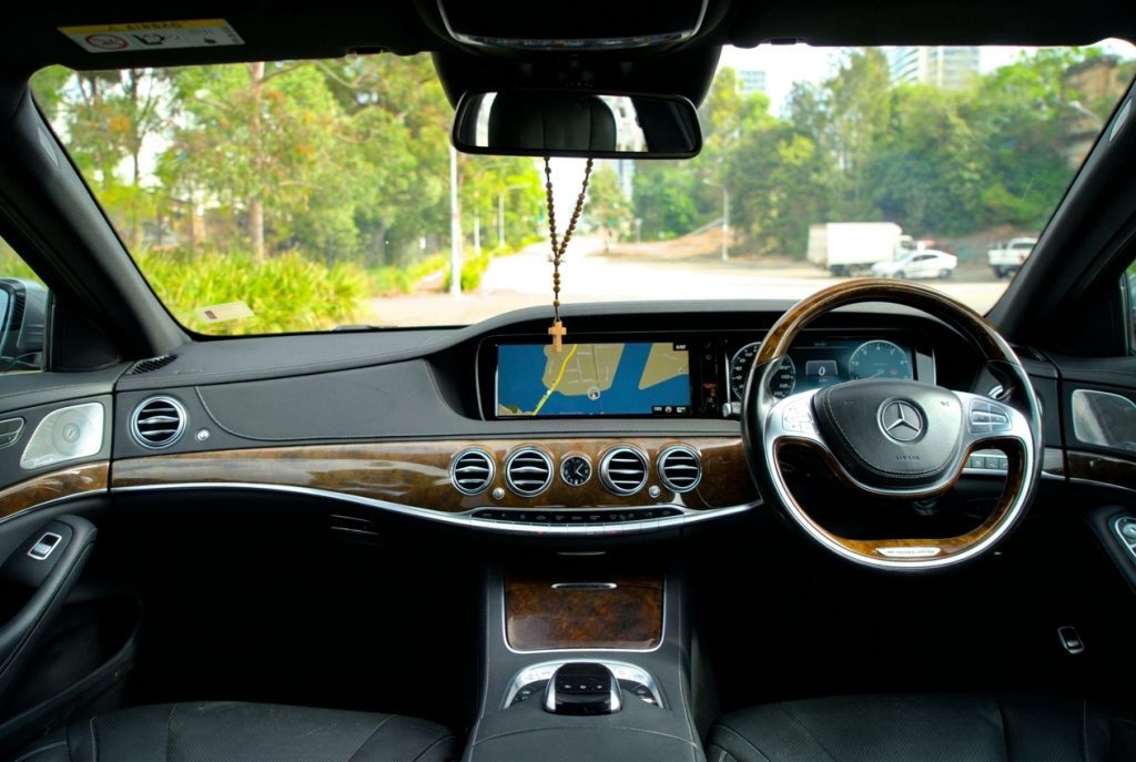 Dashboard of the silver 2015 Mercedes-Benz S500 L, available for hire in Sydney