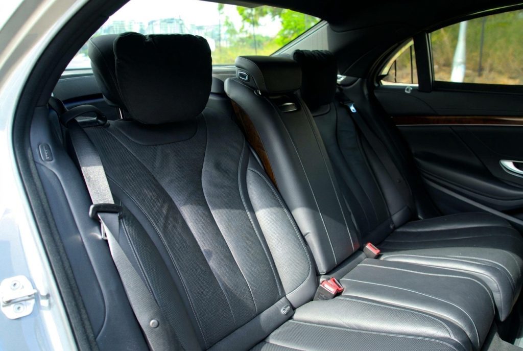 Rear seats of the silver 2015 Mercedes-Benz S500 L, available for hire in Sydney