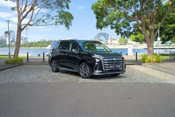 Black 2023 LDV MIFA Luxe, front three-quarter view, available for hire in Sydney