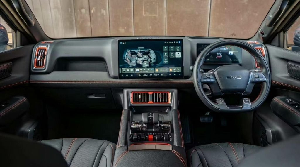 Dashboard of the black 2026 BYD Shark 6 Premium, available for hire in Sydney