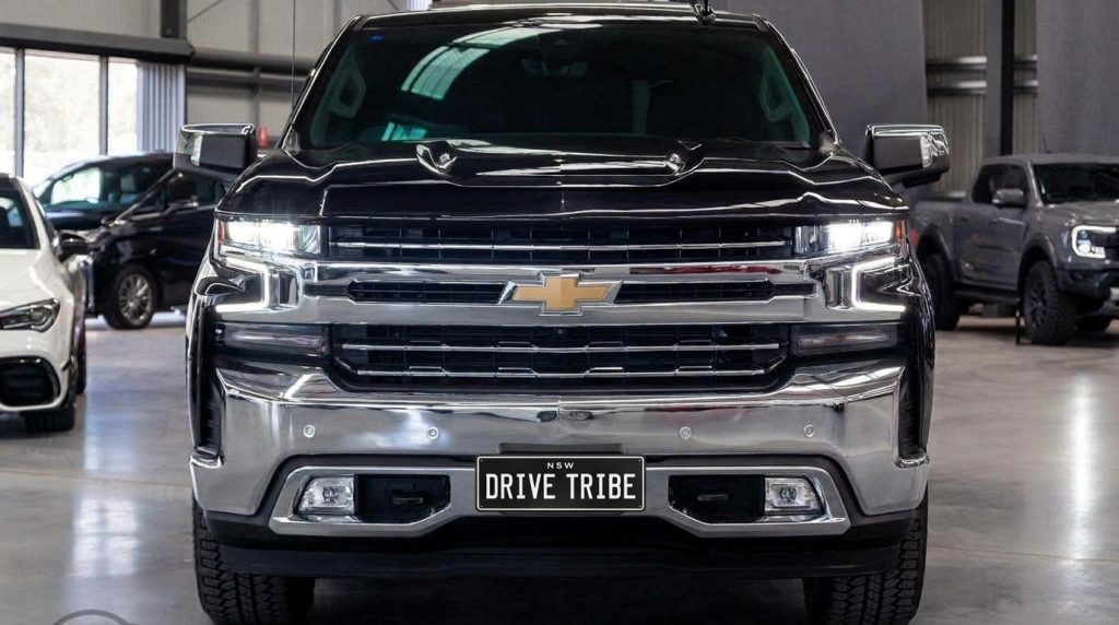 Black 2022 Chevrolet Silverado 1500 Trail Boss, front view, available for hire in Sydney