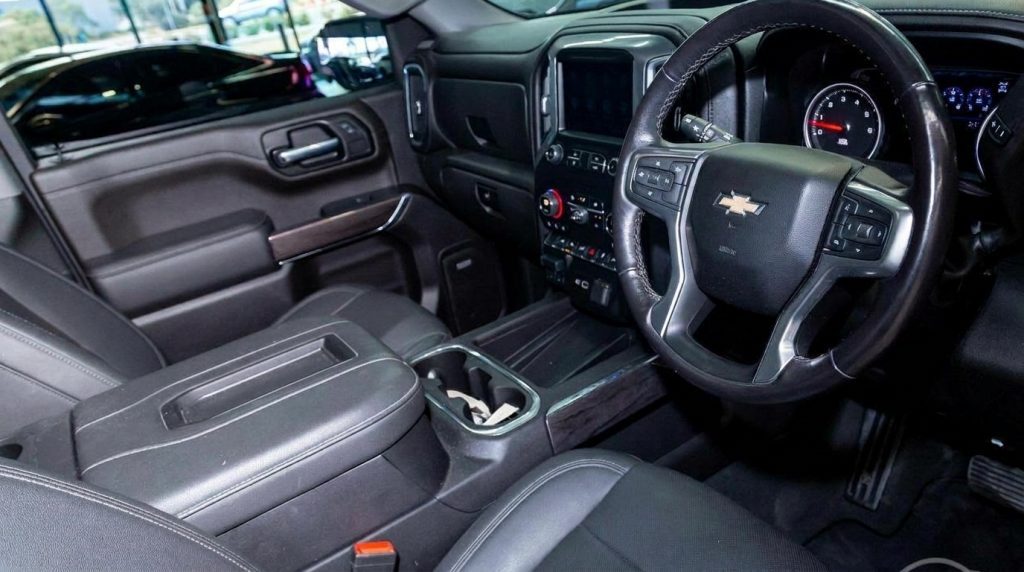 Interior of the black 2022 Chevrolet Silverado 1500 Trail Boss, available for hire in Sydney