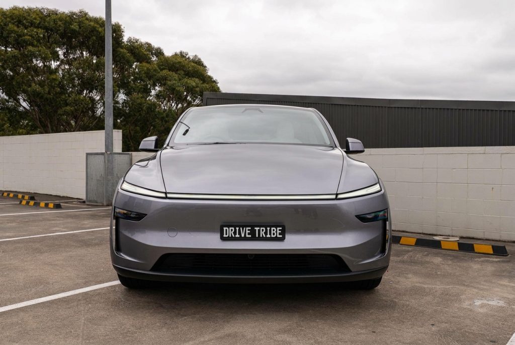 Silver 2025 Tesla Model Y RWD, front view, available for hire in Sydney