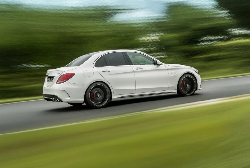 White 2017 Mercedes-AMG C63 S, side profile, available for hire in Sydney