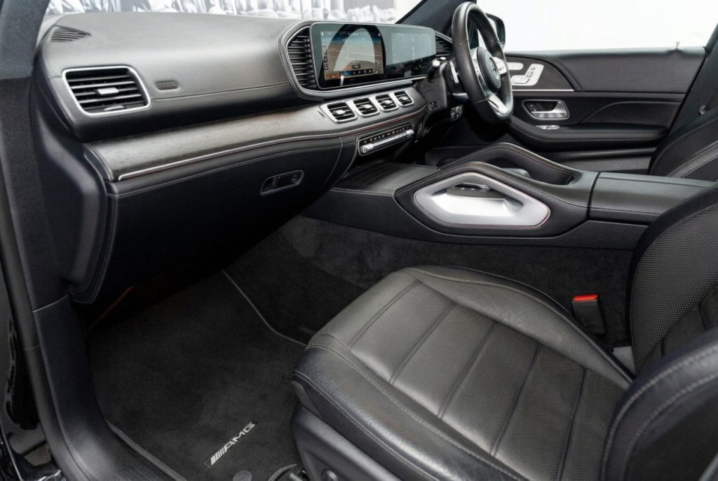 Front seats of the black 2019 Mercedes-Benz GLS, available for hire in Sydney