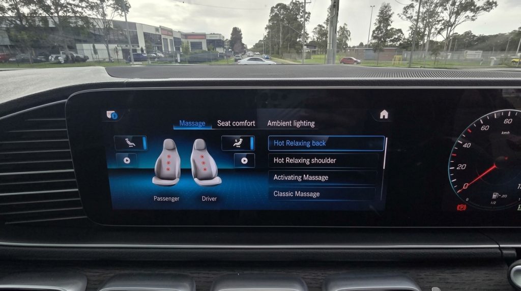 Infotainment screen of the black 2019 Mercedes-Benz GLS, available for hire in Sydney